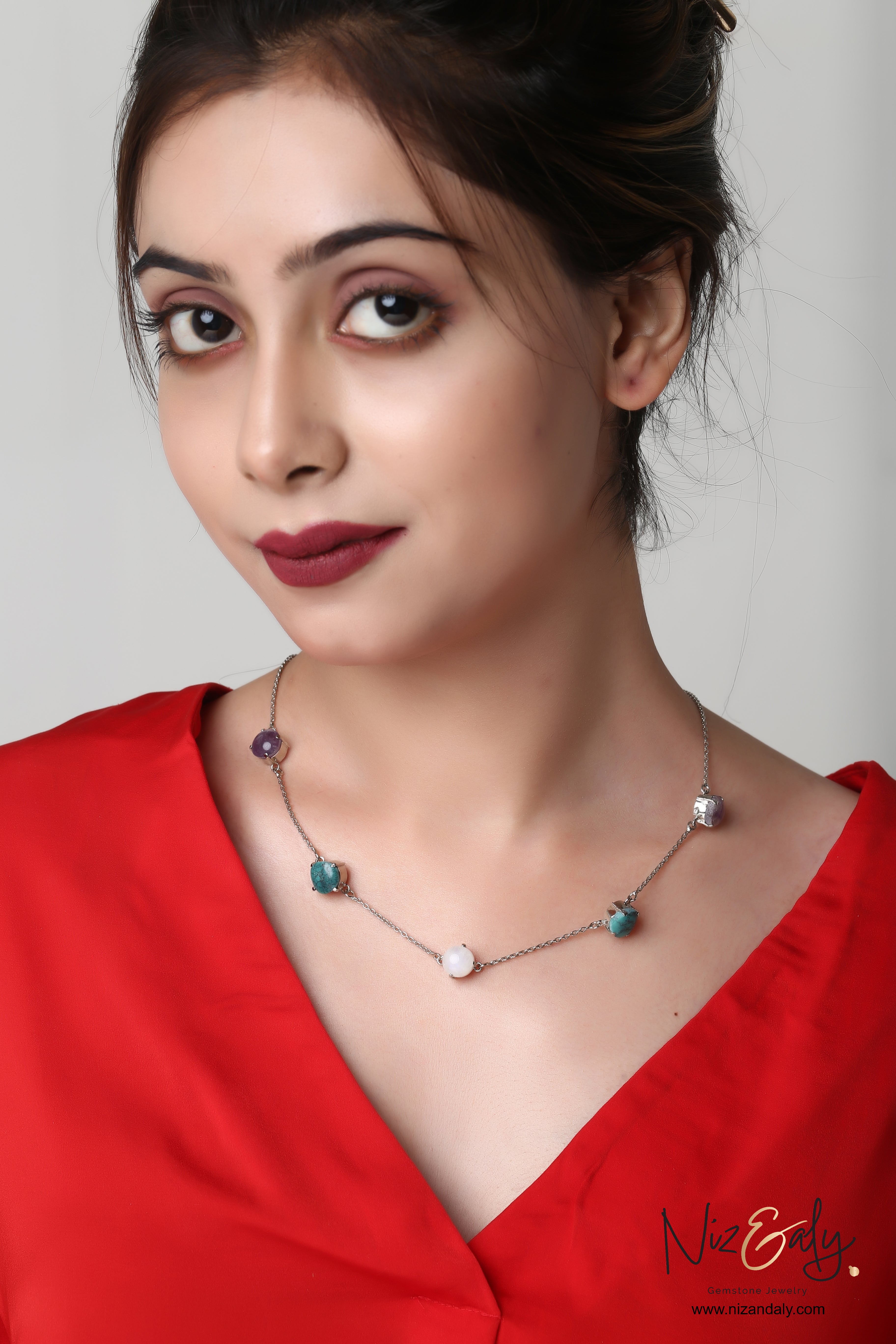 Summery Amethyst, Turquoise and Milky Quartz  Stone in Sterling Silver Chain